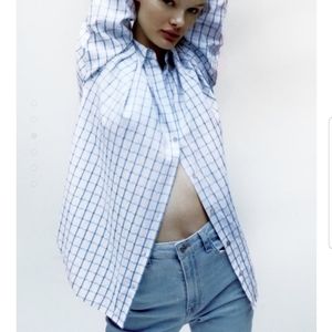 Zara NWT Medium Blue and White Button Down Plaid Shirt